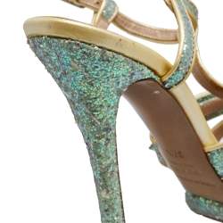 Nicholas Kirkwood Blue/Cream Patent Leather and Glitter T Strap Platform Sandals Size 37.5