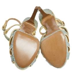 Nicholas Kirkwood Blue/Cream Patent Leather and Glitter T Strap Platform Sandals Size 37.5