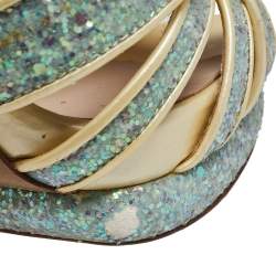Nicholas Kirkwood Blue/Cream Patent Leather and Glitter T Strap Platform Sandals Size 37.5