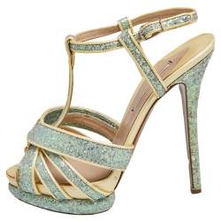 Nicholas Kirkwood Blue/Cream Patent Leather and Glitter T Strap Platform Sandals Size 37.5
