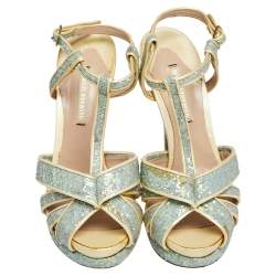 Nicholas Kirkwood Blue/Cream Patent Leather and Glitter T Strap Platform Sandals Size 37.5