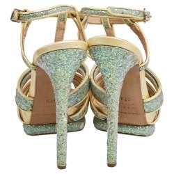 Nicholas Kirkwood Blue/Cream Patent Leather and Glitter T Strap Platform Sandals Size 37.5