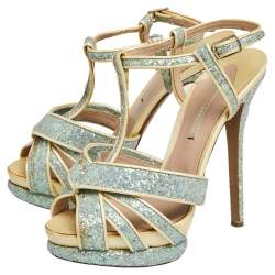 Nicholas Kirkwood Blue/Cream Patent Leather and Glitter T Strap Platform Sandals Size 37.5