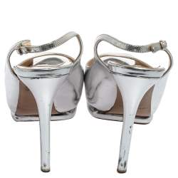 Nicholas Kirkwood Silver Glossy Leather Peep Toe Slingback Sandals Size 38