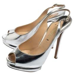 Nicholas Kirkwood Silver Glossy Leather Peep Toe Slingback Sandals Size 38