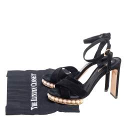 Nicholas Kirkwood Black Suede  Pearl Embellished Platform Ankle Strap Sandals Size 38