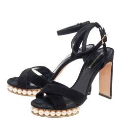 Nicholas Kirkwood Black Suede  Pearl Embellished Platform Ankle Strap Sandals Size 38