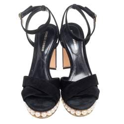Nicholas Kirkwood Black Suede  Pearl Embellished Platform Ankle Strap Sandals Size 38