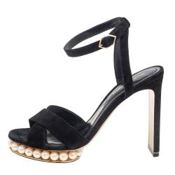 Nicholas Kirkwood Black Suede  Pearl Embellished Platform Ankle Strap Sandals Size 38