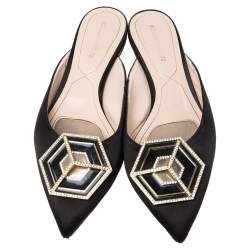 Pre Owned Nicholas Kirkwood Black Satin Eden Crystal Embellished Flat Sandals Size 38