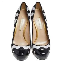 Nicholas Kirkwood Black /White  Satin And Patent Leather Platform Cap Toe Pumps Size 37