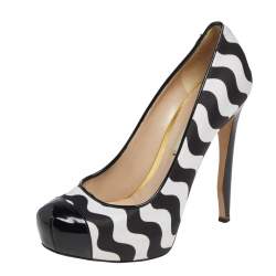 Nicholas Kirkwood Black /White  Satin And Patent Leather Platform Cap Toe Pumps Size 37