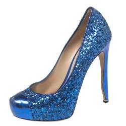 Nicholas Kirkwood Blue Glitter Platform Cap Toe Pumps Size 37 