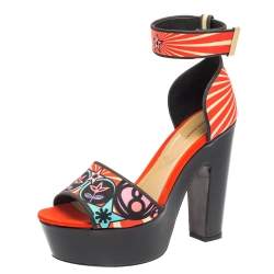 Pre Owned Nicholas Kirkwood Multicolor Printed Satin Ankle Cuff Platform Sandals Size 38.5