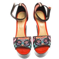 Pre Owned Nicholas Kirkwood Multicolor Printed Satin Ankle Cuff Platform Sandals Size 38.5