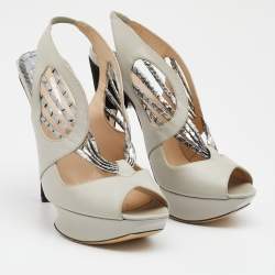Nicholas Kirkwood Grey/Silver Python and Leather Platform Slingback Sandals Size 37.5