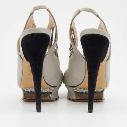Nicholas Kirkwood Grey/Silver Python and Leather Platform Slingback Sandals Size 37.5