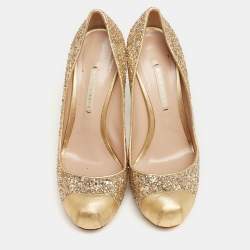 Pre Owned Nicholas Kirkwood Gold Glitter and Leather Cap-Toe Pumps Size 38.5