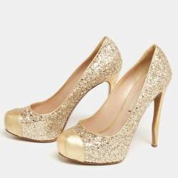 Pre Owned Nicholas Kirkwood Gold Glitter and Leather Cap-Toe Pumps Size 38.5