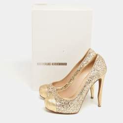 Pre Owned Nicholas Kirkwood Gold Glitter and Leather Cap-Toe Pumps Size 38.5