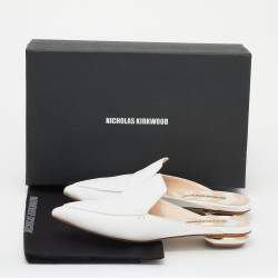 Nicholas Kirkwood White Leather Pointed Toe Beya Flat Mules Size 38