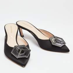 Pre Owned Nicholas Kirkwood Black Satin Eden Crystals Embellished Mule Sandals Size 38.5