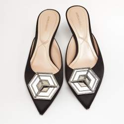 Pre Owned Nicholas Kirkwood Black Satin Eden Crystals Embellished Mule Sandals Size 38.5