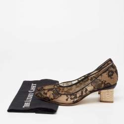 Pre Owned Nicholas Kirkwood Black/Beige Lace And Leather Floral Block Heel Pumps Size 39