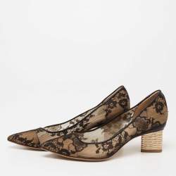 Pre Owned Nicholas Kirkwood Black/Beige Lace And Leather Floral Block Heel Pumps Size 39