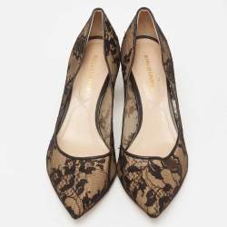 Pre Owned Nicholas Kirkwood Black/Beige Lace And Leather Floral Block Heel Pumps Size 39
