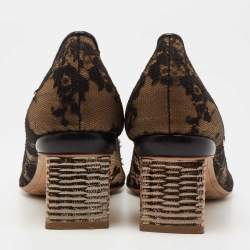 Pre Owned Nicholas Kirkwood Black/Beige Lace And Leather Floral Block Heel Pumps Size 39