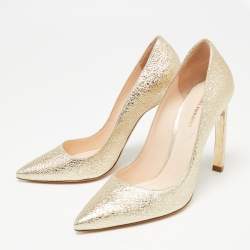 Pre Owned Nicholas Kirkwood Metallic Gold Foil Leather Pearl Embellished Pointed Toe Pumps Size 37.5