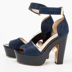 Nicholas Kirkwood Metallic Blue Fabric Maya Pearl Platform Ankle Strap Sandals Size 38