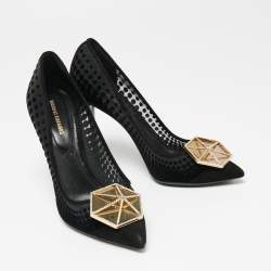 Pre Owned Nicholas Kirkwood Black Suede and Mesh Hexagon Embellished Buckle Pumps Size 39