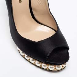 Pre Owned Nicholas Kirkwood Black Satin Peep-Toe Faux Pearl Embellished Platform Slingback Sandals Size 37