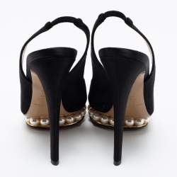 Pre Owned Nicholas Kirkwood Black Satin Peep-Toe Faux Pearl Embellished Platform Slingback Sandals Size 37