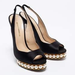 Pre Owned Nicholas Kirkwood Black Satin Peep-Toe Faux Pearl Embellished Platform Slingback Sandals Size 37