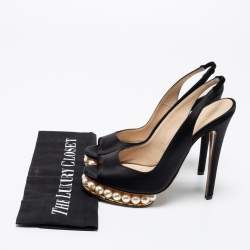 Pre Owned Nicholas Kirkwood Black Satin Peep-Toe Faux Pearl Embellished Platform Slingback Sandals Size 37