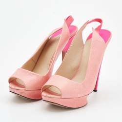 Nicholas Kirkwood Pink Lizard Embossed Leather Platform Peep Toe Slingback Sandals Size 41