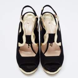 Pre Owned Nicholas Kirkwood Black/Gold Suede And Leather Platform Slingback Sandals Size 38