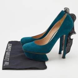 Nicholas Kirkwood Teal Blue/Black Suede and Ruffle Fabric Platform Pumps Size 37