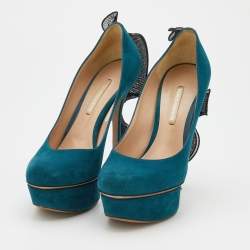 Nicholas Kirkwood Teal Blue/Black Suede and Ruffle Fabric Platform Pumps Size 37