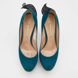 Nicholas Kirkwood Teal Blue/Black Suede and Ruffle Fabric Platform Pumps Size 37
