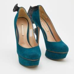 Nicholas Kirkwood Teal Blue/Black Suede and Ruffle Fabric Platform Pumps Size 37