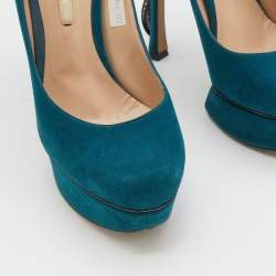 Nicholas Kirkwood Teal Blue/Black Suede and Ruffle Fabric Platform Pumps Size 37
