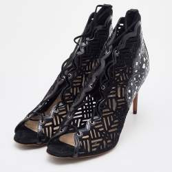 Nicholas Kirkwood Black/Silver Laser Suede and Patent Leather Lace Up Booties Size 40.5