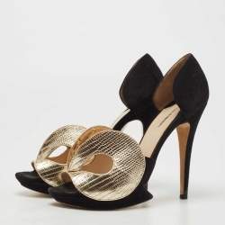 Pre Owned Nicholas Kirkwood Black /Gold Monochrome Suede Cut Out Peep Toe Platform Pumps Size 39