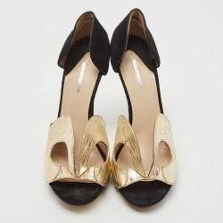 Pre Owned Nicholas Kirkwood Black /Gold Monochrome Suede Cut Out Peep Toe Platform Pumps Size 39
