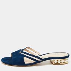 Nicholas Kirkwood Navy Blue Leather Pointed Toe Beya Flats EU 38