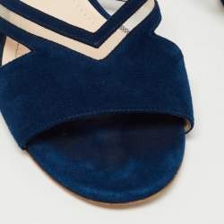 Nicholas Kirkwood Navy Blue Suede and Mesh Faux Pearl Embellished Flat Slides Size 37.5